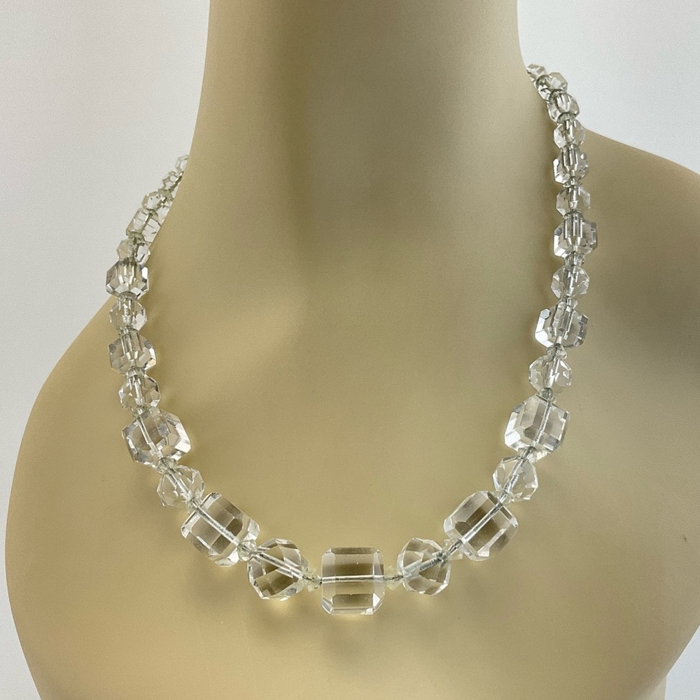 Vintage Art Deco Clear Crystal Necklace, Round & Oval Beads 12K White Gold Clasp